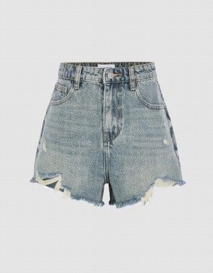 Short Urban Revivo Raw Hem Denim Mujer Azules | QRI865IS