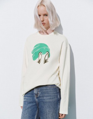 Sudaderas Urban Revivo Printed Crew Neck Loose Mujer Blancos | TPG4814AS