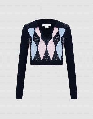 Suéteres Urban Revivo Argyle Crop Checkered Mujer Azules | NDK9726QP