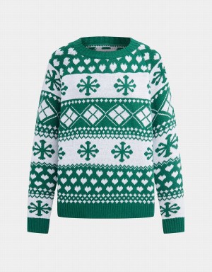 Suéteres Urban Revivo Christmas Snowflake Crew Neck Holiday Mujer Verdes Oscuro | EMA220QF