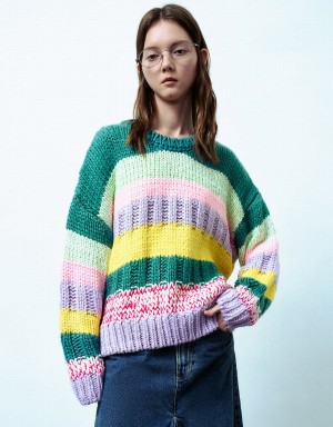 Suéteres Urban Revivo Colorblocks Crew Neck Mujer Verdes Multicolor | FON7774MJ