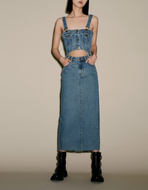 Vestido Urban Revivo 2 In 1 Denim Pinafore Mujer Azules | VKK7295BH