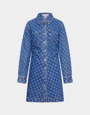 Vestido Urban Revivo Allover Jacquard Ruched Button Up Denim Mujer Azules | QWY7993XR