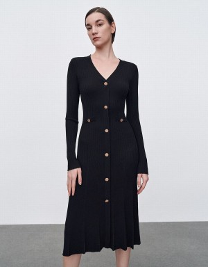 Vestido Urban Revivo Button Up De Punto Midi Mujer Negros | GVB4148QQ