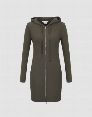 Vestido Urban Revivo Cremallera Front Encapuchado A-Line Mujer Verdes | KNB120TD