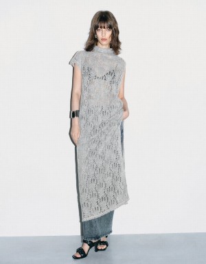 Vestido Urban Revivo Crochet Sin Manga Turtle Neck Directo Mujer Grises Claro | DET5178OE