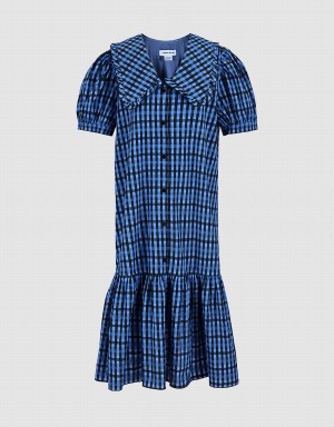 Vestido Urban Revivo Plaid Puff Sleeve Ruffle Hem Checkered Mujer Azules | HFU2387HG