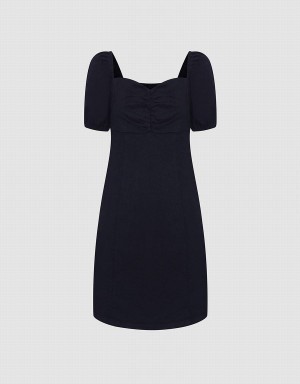 Vestido Urban Revivo Ruched Front Puff Sleeve Denim Mujer Negros | WCT5143BD