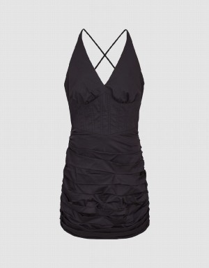 Vestido Urban Revivo Ruched Sin Manga V-Neck Skater Mujer Negros | OBM7829AX