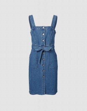 Vestido Urban Revivo Sin Manga Button Front Denim Mujer Azules | QNI1612DV