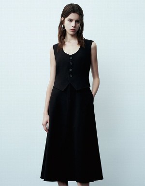 Vestido Urban Revivo Sin Manga V-Neck A-Line Mujer Negros | LEP9857YR