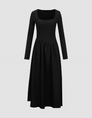 Vestido Urban Revivo Square Neck De Punto A-Line Mujer Negros | QKY3368VD