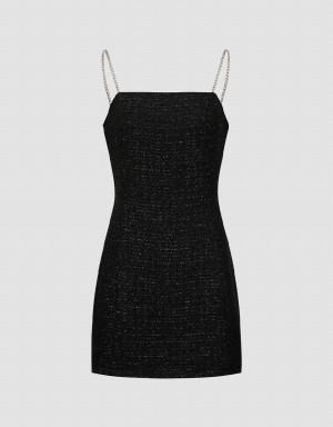Vestido Urban Revivo Tweed Off-Shoulder A-Line Cami Mujer Negros | EEM7141FG