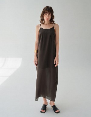 Vestido Urban Revivo U Neck Cami A-Line Mujer Marrom Oscuro | BDF5473DO