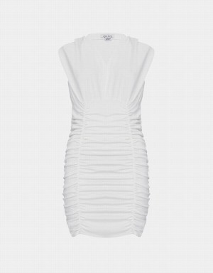 Vestido Urban Revivo V Neck Ruched Sin Manga Bodycon Mujer Blancos | IDQ745JA