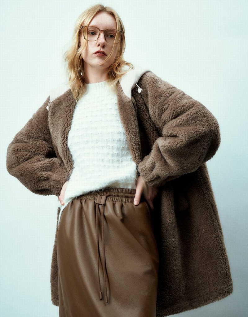 Abrigos Urban Revivo Cremallera Front Encapuchado Furry Mujer Marrom | UFJ3253WC