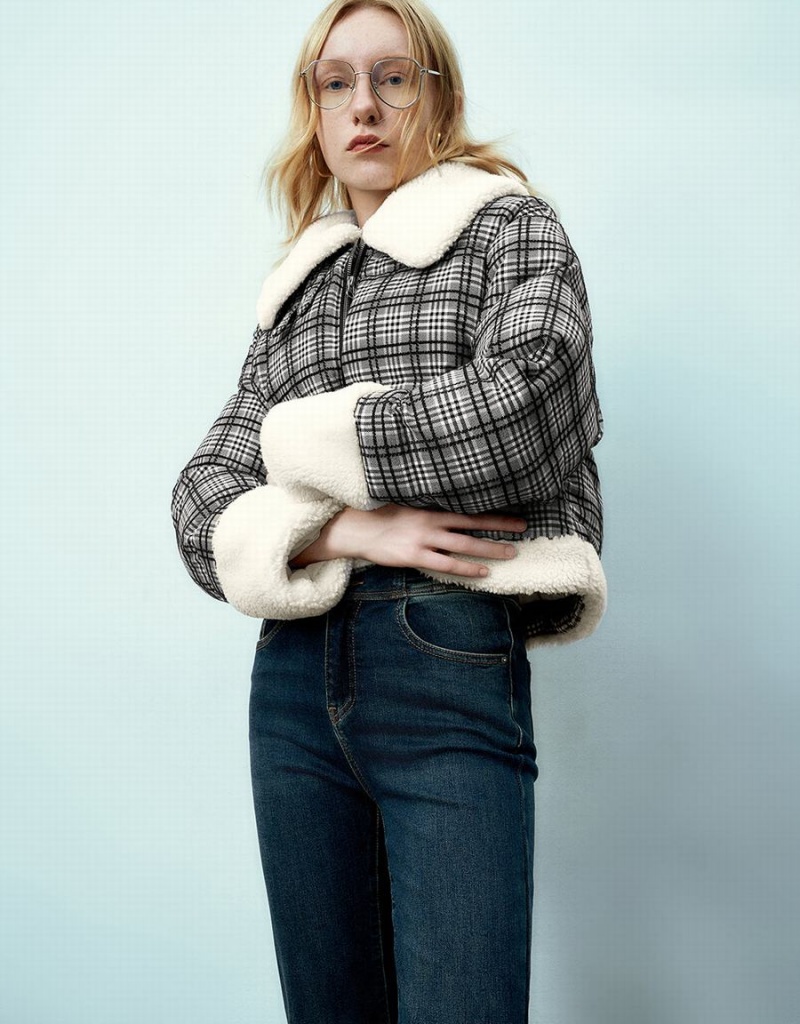 Abrigos Urban Revivo Cremallera Front Plaid Furry Acolchado Mujer Grises | PLV8771NA