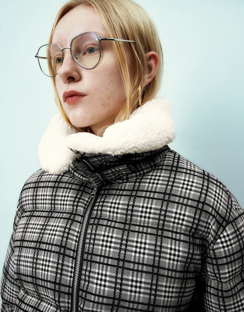 Abrigos Urban Revivo Cremallera Front Plaid Furry Acolchado Mujer Grises | PLV8771NA