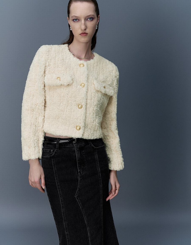 Abrigos Urban Revivo Crew Neck Furry Directo Mujer Blancos | WMT8114GK