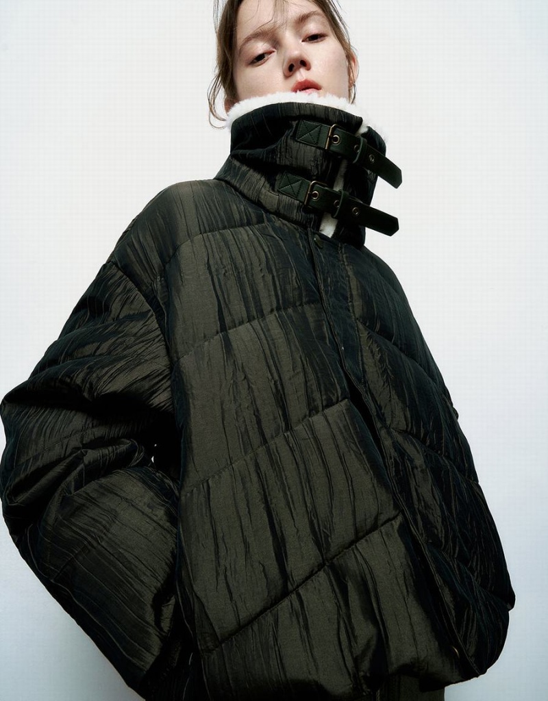 Abrigos Urban Revivo Directo Acolchado With Furry Collar Mujer Verdes | AEL77100AY