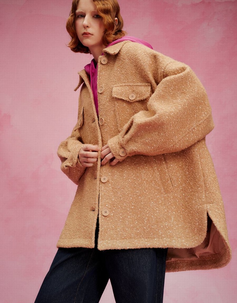 Abrigos Urban Revivo Longline Woolen With Flip Pockets Mujer Kaki Marrom | ENS1793TU