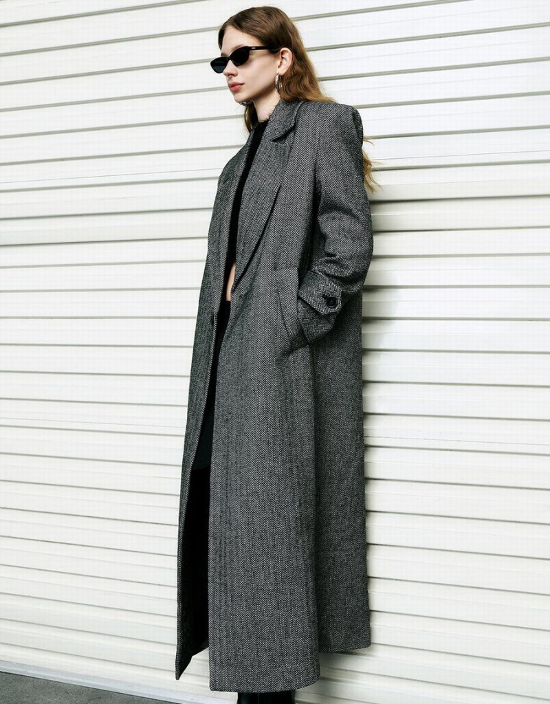 Abrigos Urban Revivo Notch Lapel Directo Woolen Mujer Grises Oscuro | OXD5030NG