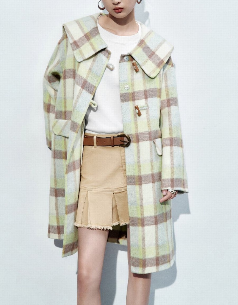 Abrigos Urban Revivo Plaid Directo Furry Mujer Blancos Verdes | MGM87100LO