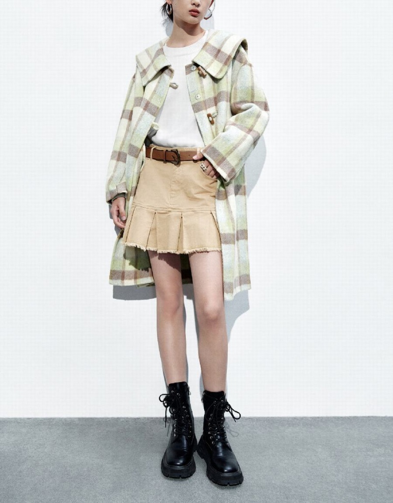 Abrigos Urban Revivo Plaid Directo Furry Mujer Blancos Verdes | MGM87100LO