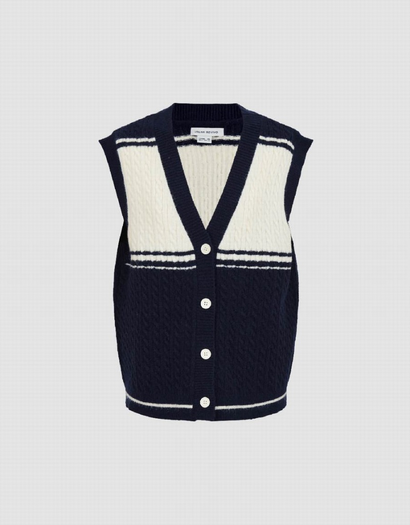 Abrigos Urban Revivo Two Toned De Punto V-Neck Waistcoat Mujer Azules | KZH7228IV