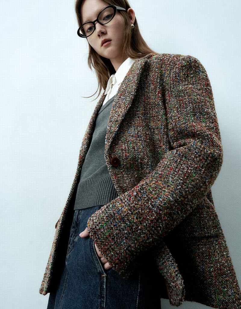 Blazers Urban Revivo Notch Lapel Tweed Mujer Marrom Multicolor | AVZ7657DY