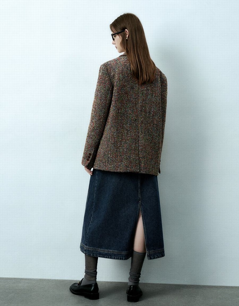 Blazers Urban Revivo Notch Lapel Tweed Mujer Marrom Multicolor | AVZ7657DY