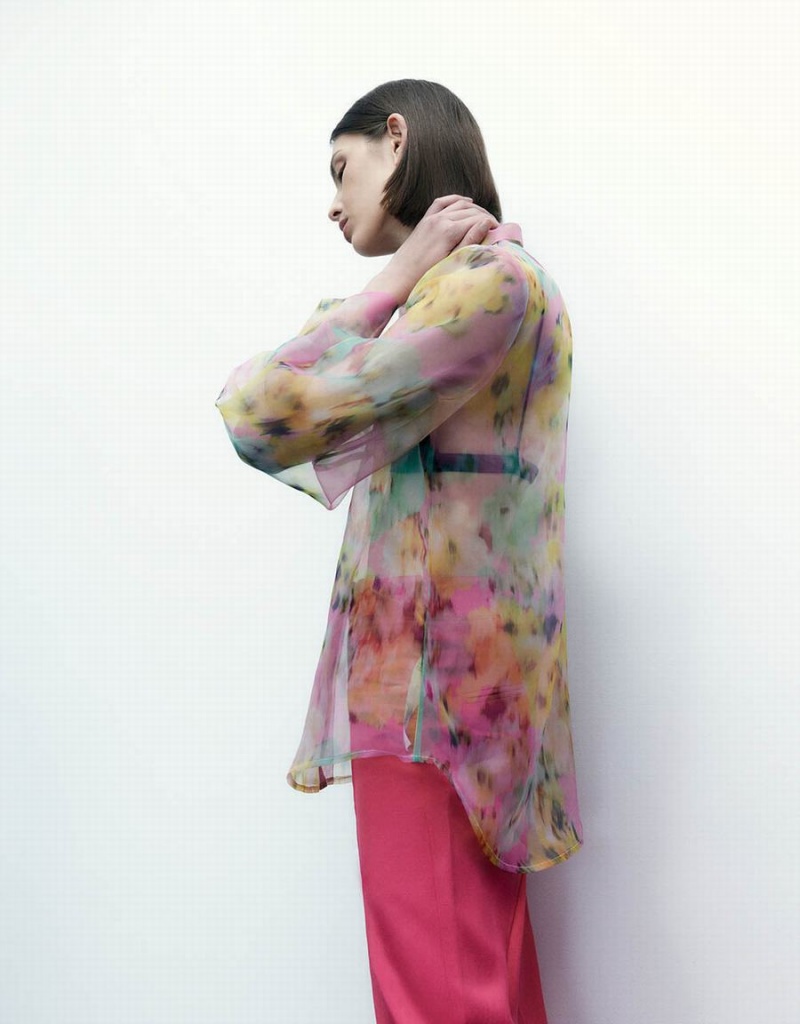 Blusa Urban Revivo Flowers Printed Sheer Overhead Mujer Multicolor | GGG2276MQ
