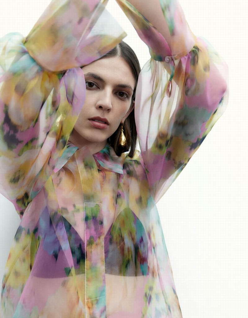 Blusa Urban Revivo Flowers Printed Sheer Overhead Mujer Multicolor | GGG2276MQ