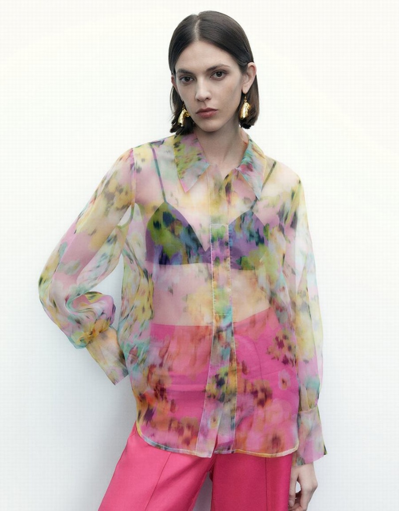 Blusa Urban Revivo Flowers Printed Sheer Overhead Mujer Multicolor | GGG2276MQ