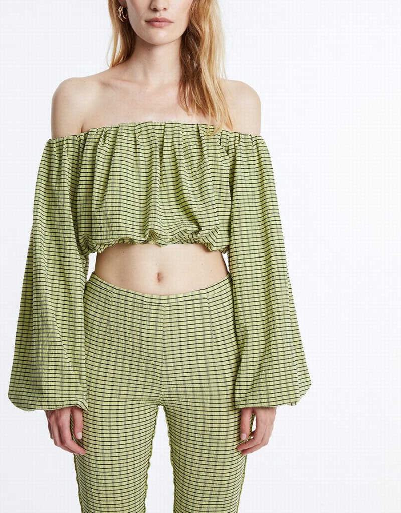 Blusa Urban Revivo Off Shoulder Plaid Long Sleeve Top Mujer Verdes | ZUJ7476YH