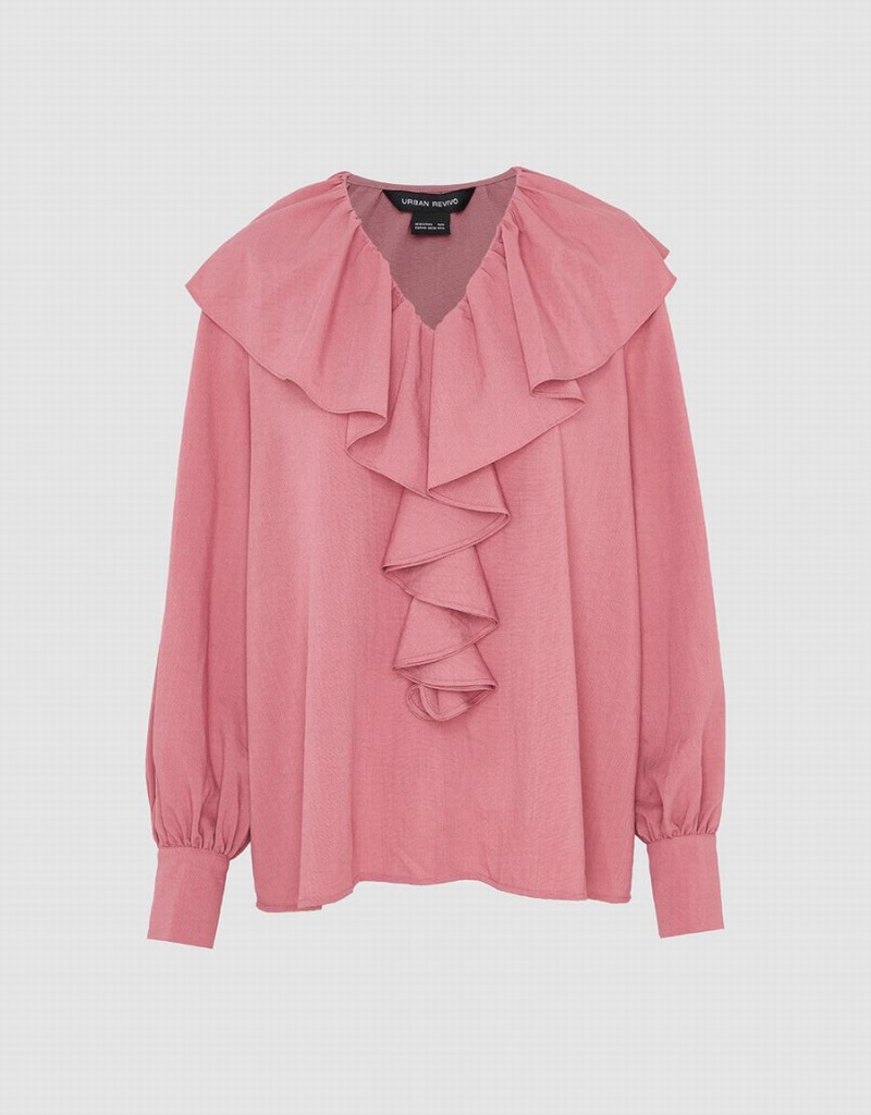 Blusa Urban Revivo Ruffle V-Neck Overhead Mujer Rosas | ELV8221BY