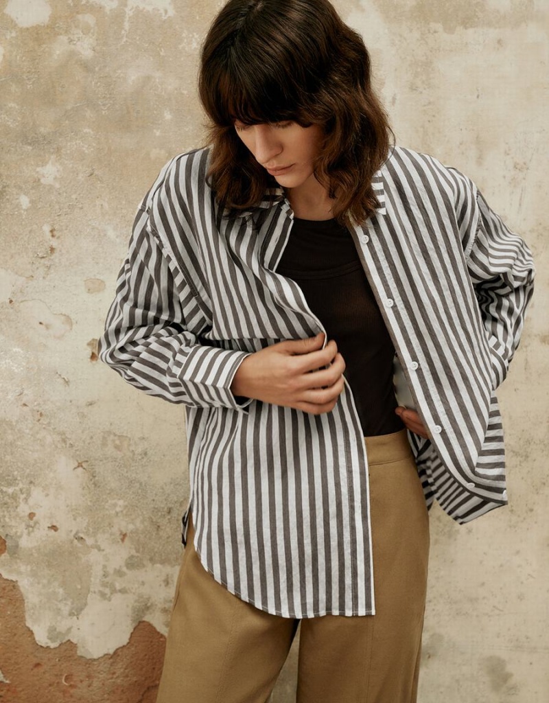 Camisas Urban Revivo A Rayas Button Up Directo Mujer Marrom | MQQ6342UR