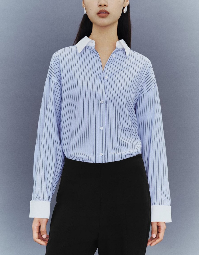 Camisas Urban Revivo A Rayas Button Up Lapel Mujer Azules | OIH9472UB