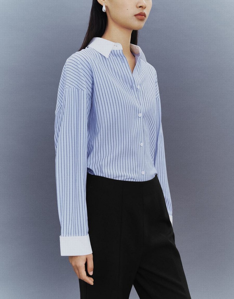 Camisas Urban Revivo A Rayas Button Up Lapel Mujer Azules | OIH9472UB