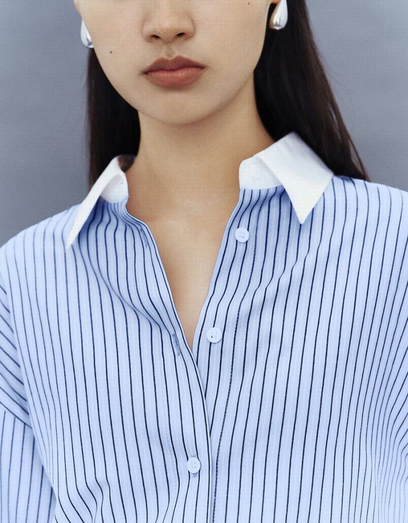 Camisas Urban Revivo A Rayas Button Up Lapel Mujer Azules | OIH9472UB