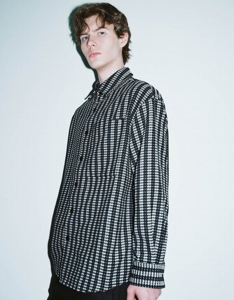 Camisas Urban Revivo A Rayas Button Up Oversized Hombre Negros | WYZ619SN
