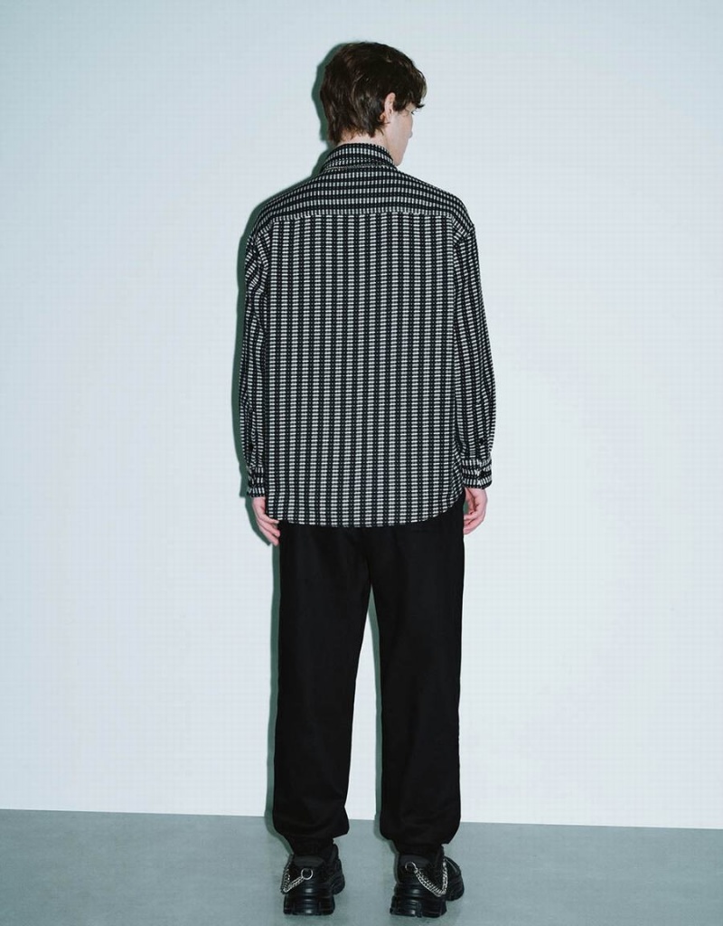 Camisas Urban Revivo A Rayas Button Up Oversized Hombre Negros | WYZ619SN