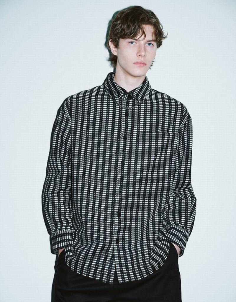 Camisas Urban Revivo A Rayas Button Up Oversized Hombre Negros | WYZ619SN