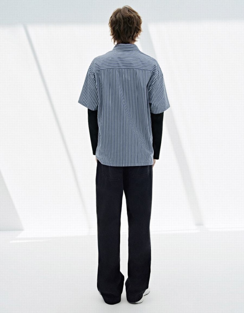 Camisas Urban Revivo A Rayas Loose Hombre Azules | ZAY4970NQ