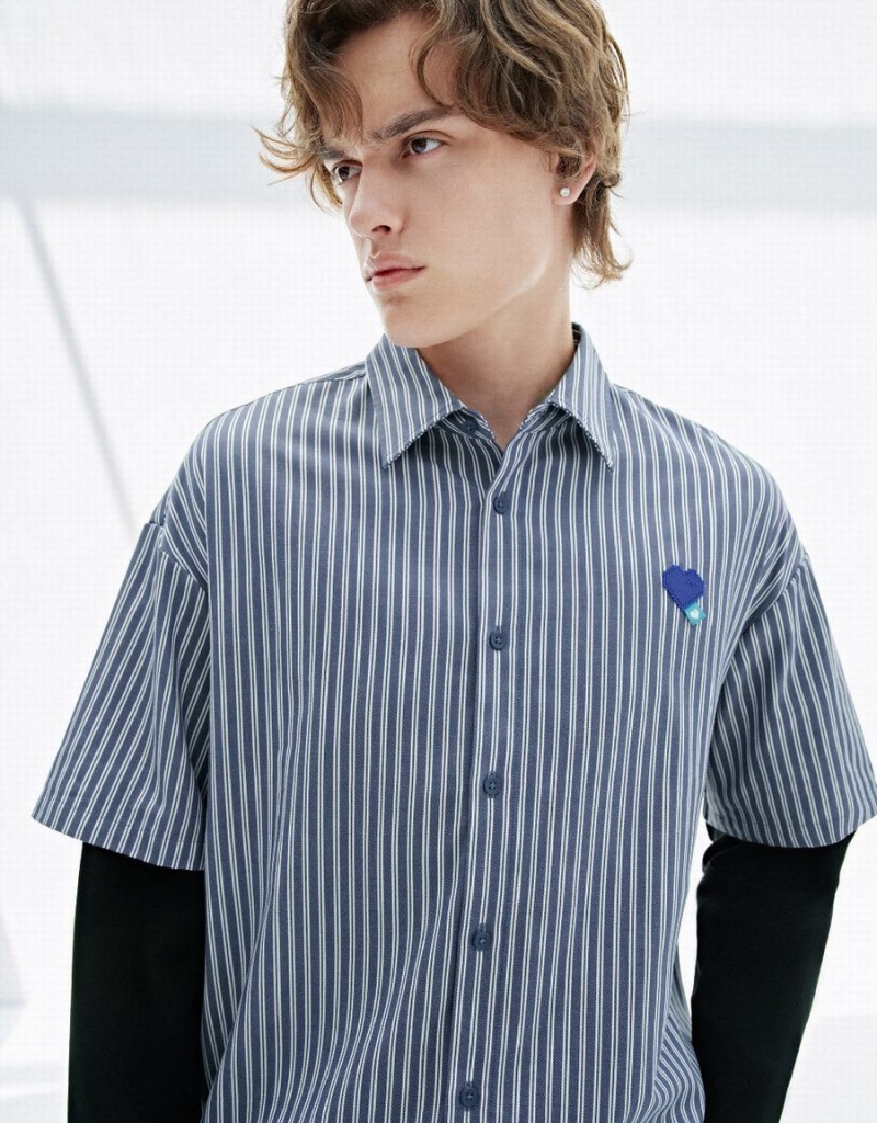 Camisas Urban Revivo A Rayas Loose Hombre Azules | ZAY4970NQ