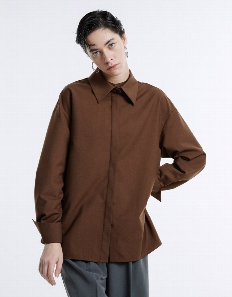 Camisas Urban Revivo Basic Button Up Mujer Marrom | BQG4597ML