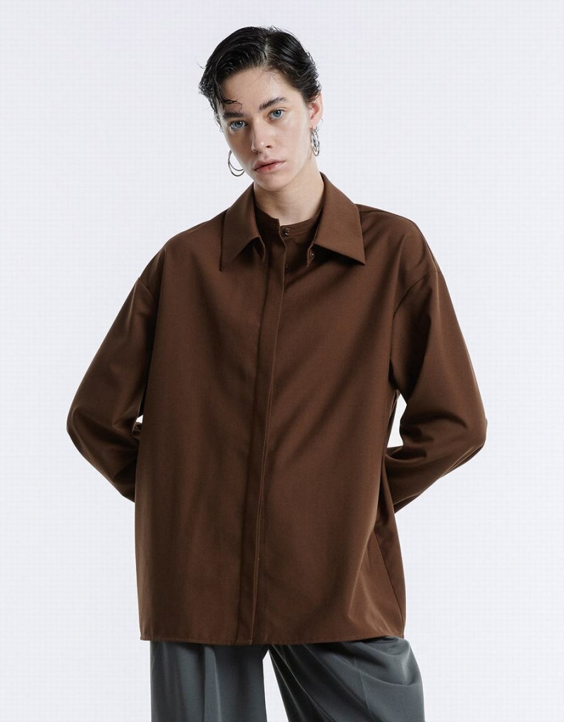 Camisas Urban Revivo Basic Button Up Mujer Marrom | BQG4597ML