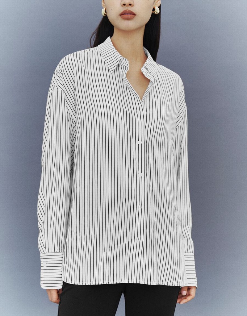 Camisas Urban Revivo Button Up A Rayas Directo Mujer Blancos | LFS5570BQ