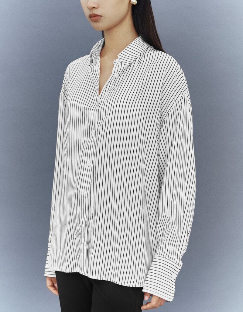 Camisas Urban Revivo Button Up A Rayas Directo Mujer Blancos | LFS5570BQ