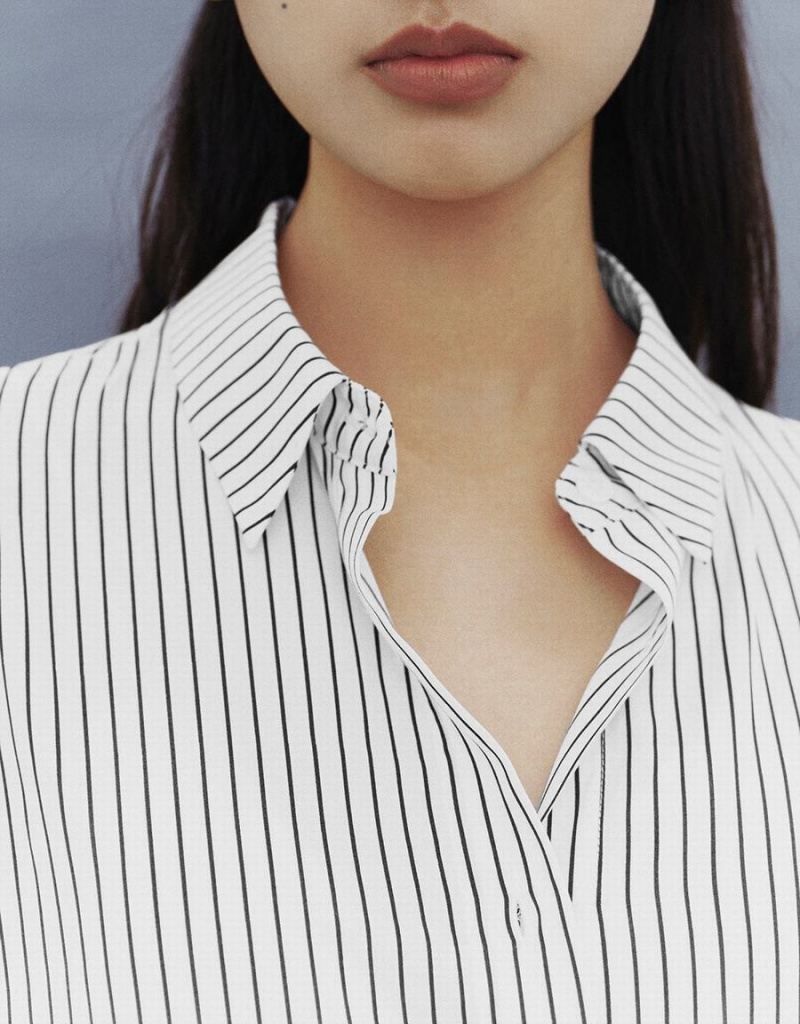 Camisas Urban Revivo Button Up A Rayas Directo Mujer Blancos | LFS5570BQ